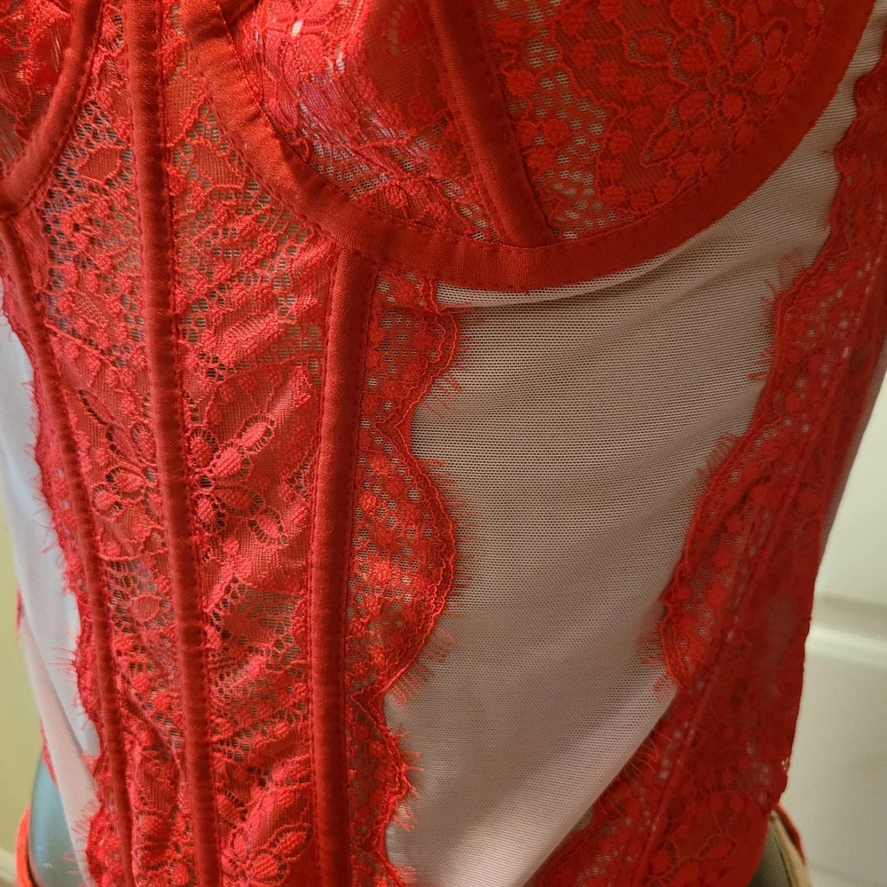 NWT Sexy Red Eyelash Lace Bustier Corset Sheer Mesh Top